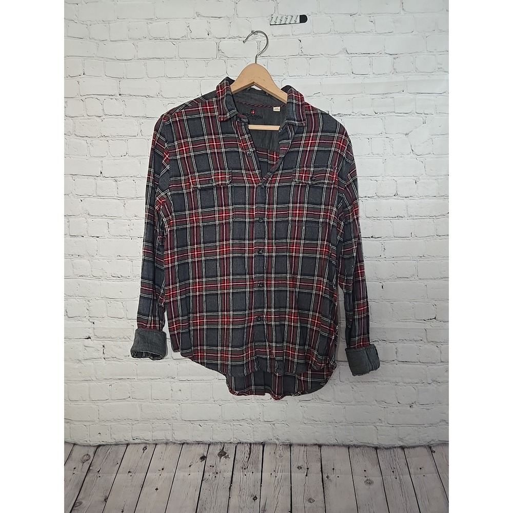 WOOLRICH MENS sz L FLIP CUFF GRAY RED PLAID FLANNEL SHIRT BUTTON UP